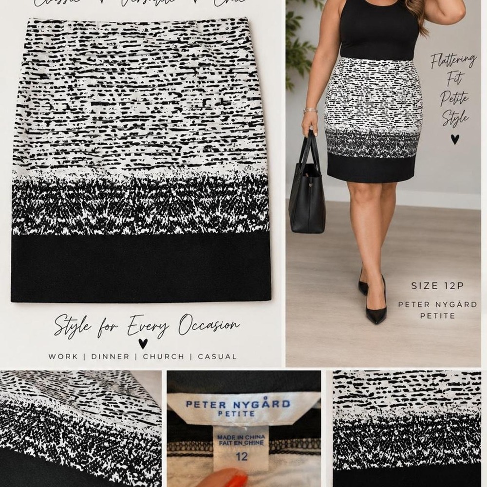 Peter Nygard Petite Black White Abstract Print Pencil Skirt 12P